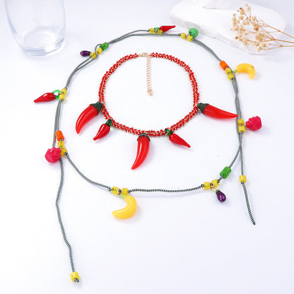 Bold Ocean-Inspired Red Chain Chili Pepper Pendant Necklace - Double Layered Fruit Charm for Trendy Statement Style