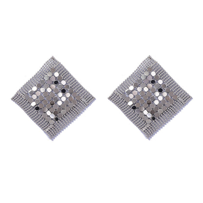 Chic Minimalist Luxury Metal Sequin Tassel Diamond Grid Stud Earrings – Versatile & Sophisticated Style for Women