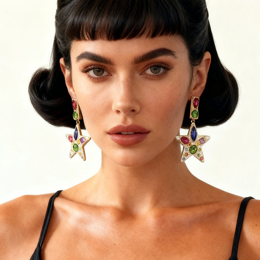 Chic & Exquisite Alloy Star Pendant Earrings with Colorful Gemstones – Bold Statement Jewelry for Modern Women