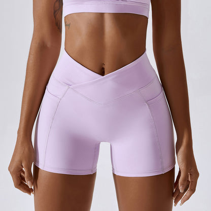 Quick Dry Yoga Shorts for Women with Pocket Butt Lifting High Waist and Cross Contour Design for Running and Fitness Style 8001