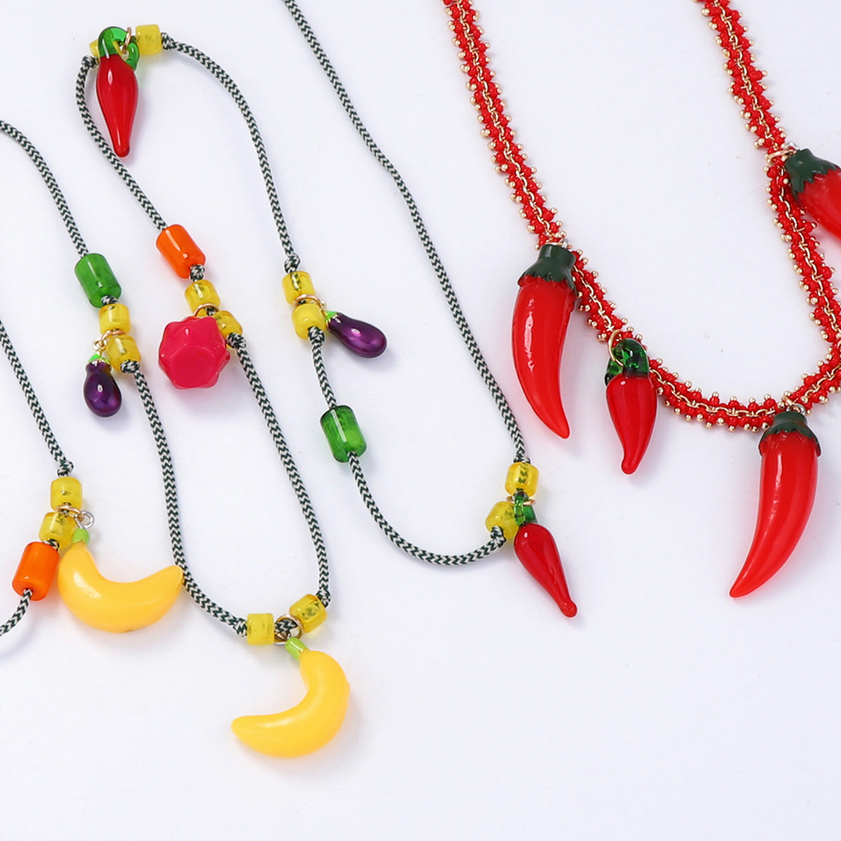 Bold Ocean-Inspired Red Chain Chili Pepper Pendant Necklace - Double Layered Fruit Charm for Trendy Statement Style