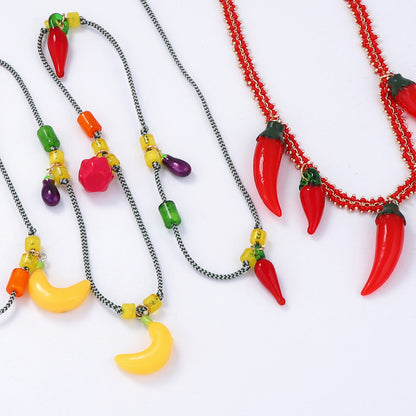 Bold Ocean-Inspired Red Chain Chili Pepper Pendant Necklace - Double Layered Fruit Charm for Trendy Statement Style