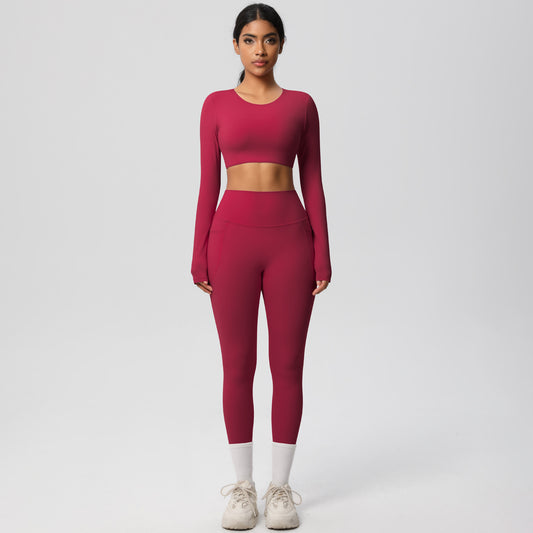 Solid Color Yoga Set with Long Sleeves Skin Friendly Breathable Sports Bra and Figure Flattering Leggings with Pockets 2 Piece Activewear