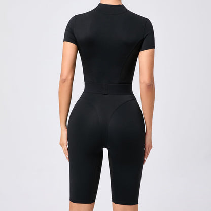 Women s High Waisted Zippered Short Sleeve Yoga Jumpsuit Breathable Mesh Fitness Bodysuit for Comfort and Style