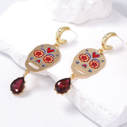Stylish Halloween Skull Earrings with Colorful Metal Accents and Sparkling Zirconia - Perfect Festive Gift for Women!