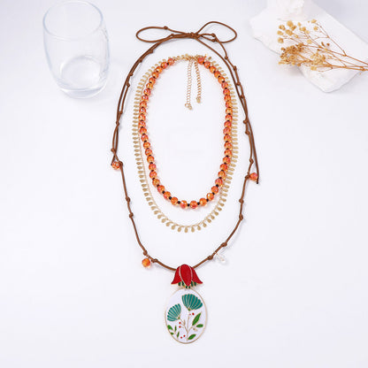 Elegant High-End Creative Design Beaded Braided Alloy Floral Oil-Drop Pendant Multi-Layer Necklace for Women - Perfect for Special Occasions and Everyday Style