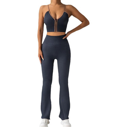 High Waisted Yoga Set with Zippered Flared Pants and Built In Chest Padding for Outdoor Sports Fit and Fashion