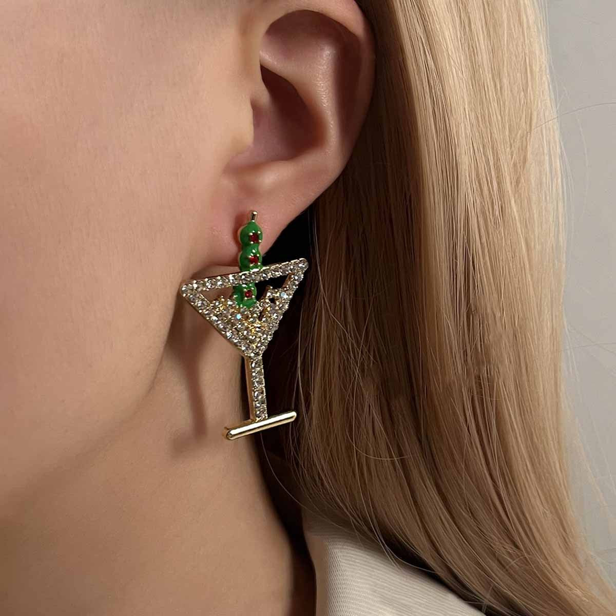 Stunning Creative Alloy Champagne Glass Earrings with Dazzling Rhinestones - Minimalist Fruit Cocktail Studs for Women