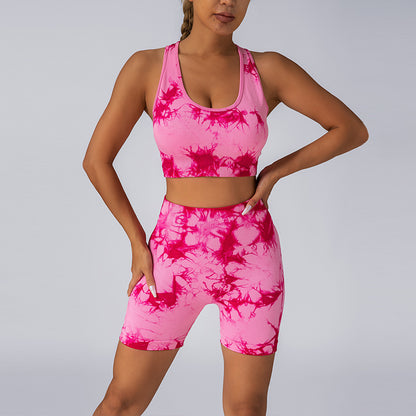 Seamless Tie Dye High Waisted Butt Lifting Workout Shorts with Built In Bra and Gorgeous Back Design Women's Yoga Set for Comfort and Style