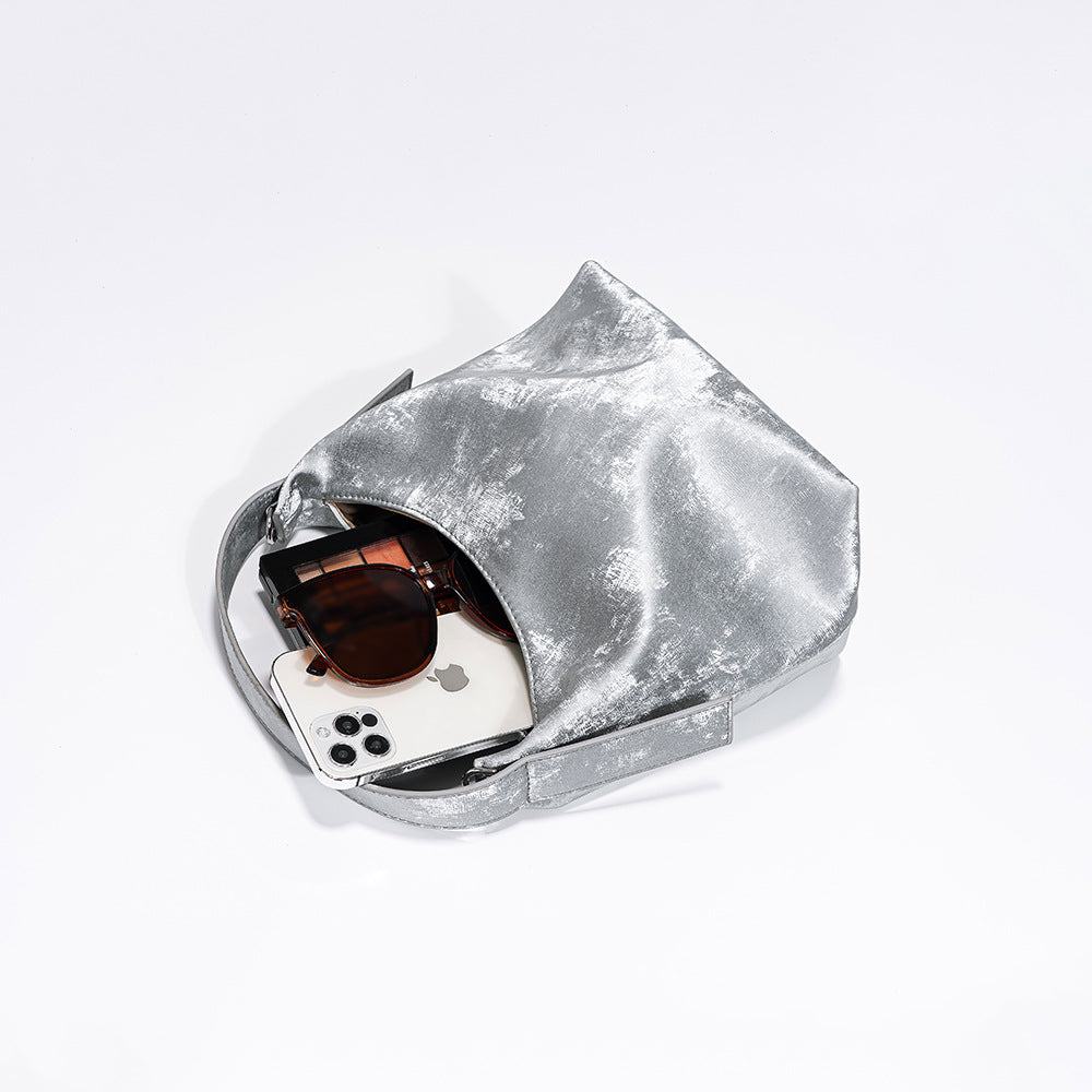 Chic Satin Lunch Box Tote Bag Gradient Design with Genuine Leather Accents for Every Occasion