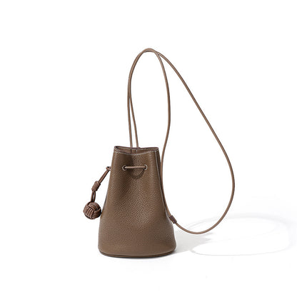 Chic Korean Style Drawstring Bucket Bag Genuine Leather Women's Minimalist Crossbody and Shoulder Bag in Grain Cowhide