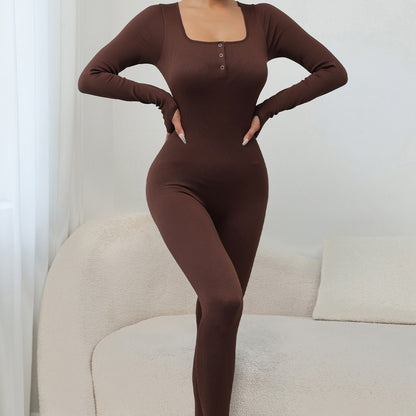 Square Neck Button Long Sleeve Jumpsuit for Women for Yoga Outdoor Training Dance and Fitness Peach Butt Lifting Workout Outfit