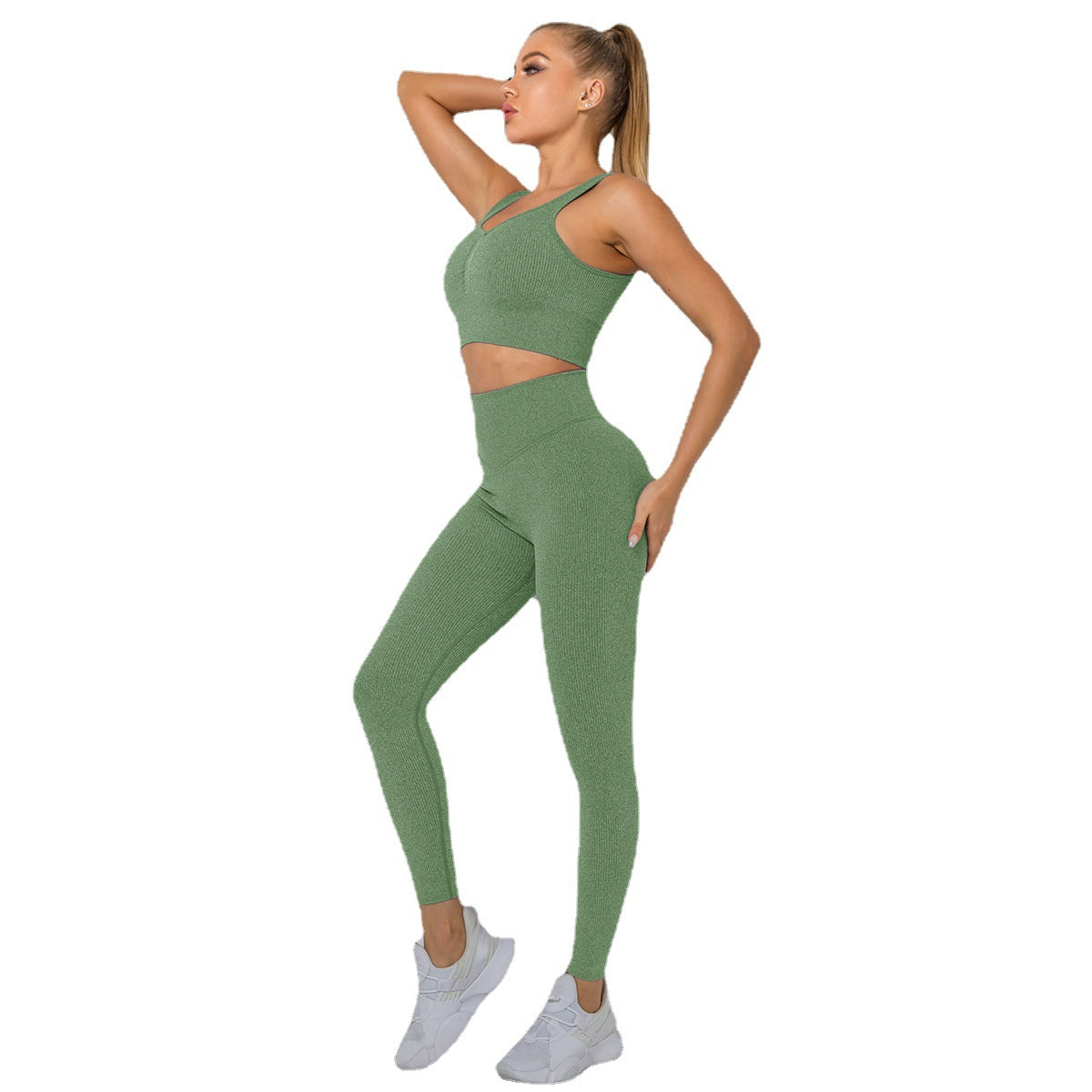 High Waist Seamless Knitted Ruched Butt Lifting Yoga Leggings Sports Bra Set Stretchy Workout Ensemble for Running Fitness and Yoga