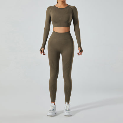 Seamless Jacquard High Waisted Butt Lifting Long Sleeve Yoga Set for Women for Running Gym and Everyday Active Wear