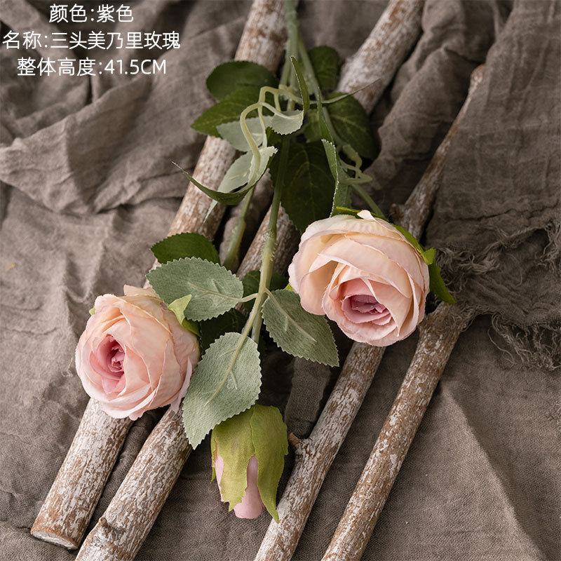 Realistic Three-Headed Miniature Rose Artificial Flower Arrangement for Home Décor and Wedding Celebrations - Perfect for Lasting Beauty (Model MW66009)