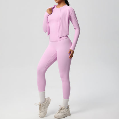 Quick Dry Skin Friendly Long Sleeve Yoga Set Slimming 3 Piece Outdoor Running Outfit with Fitness Pants and Jacket for Maximum Comfort and Performance