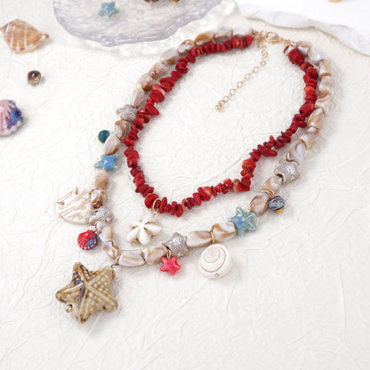 Stylish Layered Double-Strand Seashell and Starfish Design Necklace with Turquoise Ceramic Accents - Perfect for Ocean Getaways and Casual Wear