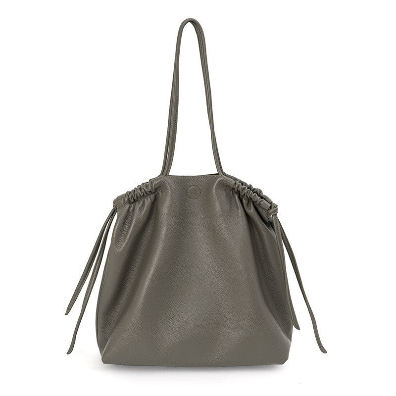 Japanese Inspired Casual One Shoulder Tote Bag Spacious Unique Design for Commuting Genuine Leather with Drawstring Closure