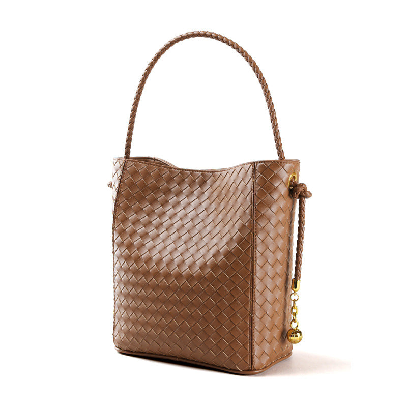 Chic Women's Leather Tote Bag Cowhide Bucket Bag for Everyday Commuting Spacious Weave Design for Work and Play