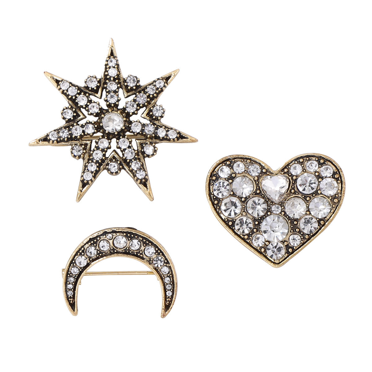 Elegant Minimalist Alloys Set of 3 Brooches Featuring Full-Crystal Stars and Moon for Women - Perfect Accessory for Any Occasion