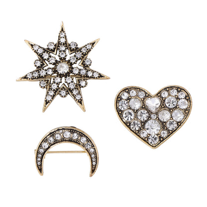 Elegant Minimalist Alloys Set of 3 Brooches Featuring Full-Crystal Stars and Moon for Women - Perfect Accessory for Any Occasion