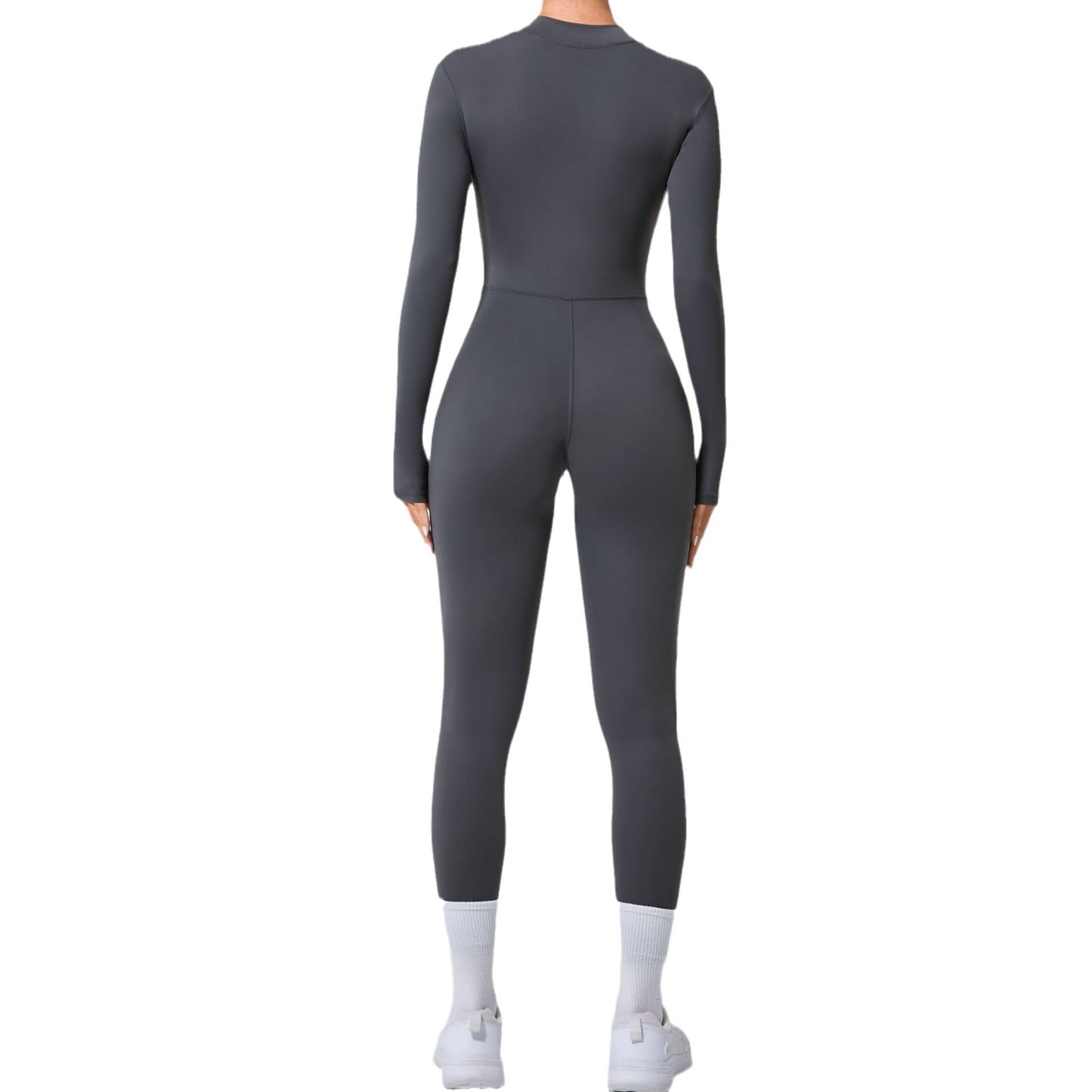 Form Fitting Women s Sports Bodysuit Without Cup Padding Long Sleeve Yoga Jumpsuit with Thumb Holes and Half Zip Front for Gym and Fitness Classes Model 5025