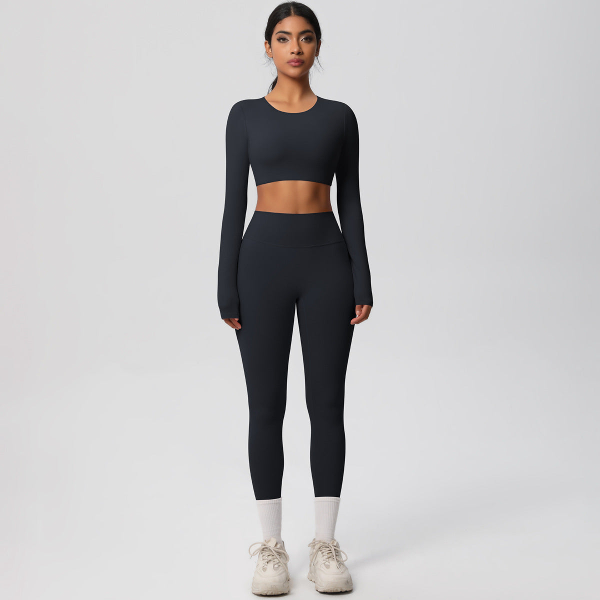 Soft Brushed Compression Workout Set Long Sleeve Top Full Length Leggings for Running Training and Yoga