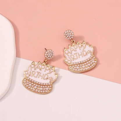 Stylish  Diamond-Embedded Luxury Birthday Cake Earrings – Charming, Casual, and Unique Studs for a Trendy Look