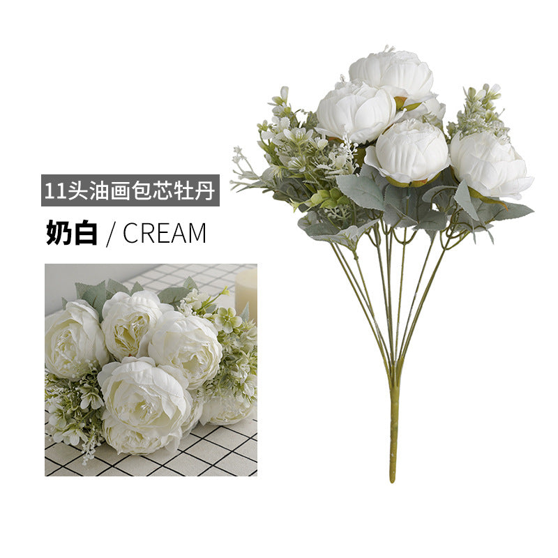 Lifelike 11-Head Oil Paint Effect Peony Bouquet - Elegant Vintage European-Style Faux Flower Arrangement for Wedding Entrance and Celebrations