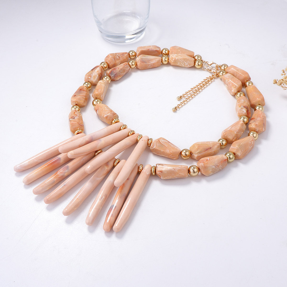 Unique Designer Coral and Geometric Resin Necklace - Statement Double-Layered Vacation Style for Standout Fashion Lovers