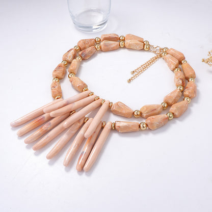 Unique Designer Coral and Geometric Resin Necklace - Statement Double-Layered Vacation Style for Standout Fashion Lovers