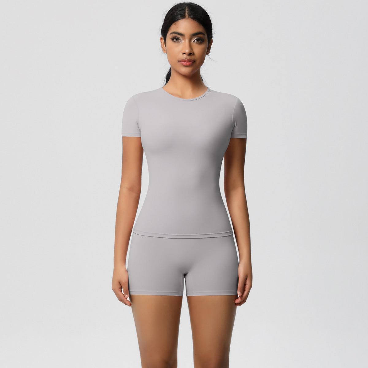 Ultra Soft Peach Butt Enhancing High Waisted Yoga Set Short Sleeve Top and Flattering Short Shorts for Comfort and Style