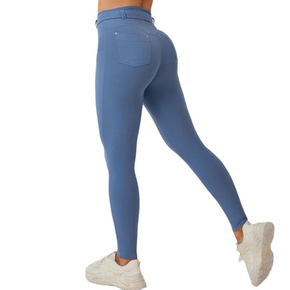 Adjustable Waist Slim Fit Quick Dry Yoga Pants Denim Look Gym Leggings with Belt for Outdoor and Sports Activities