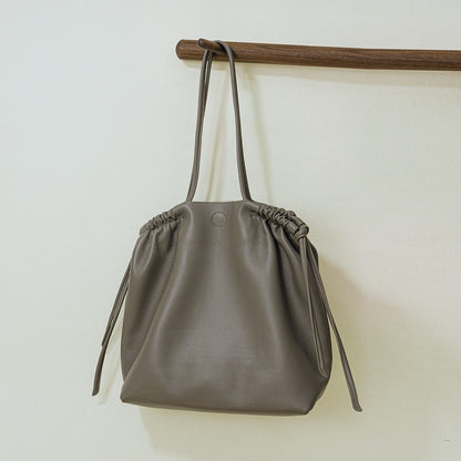Japanese Inspired Casual One Shoulder Tote Bag Spacious Unique Design for Commuting Genuine Leather with Drawstring Closure
