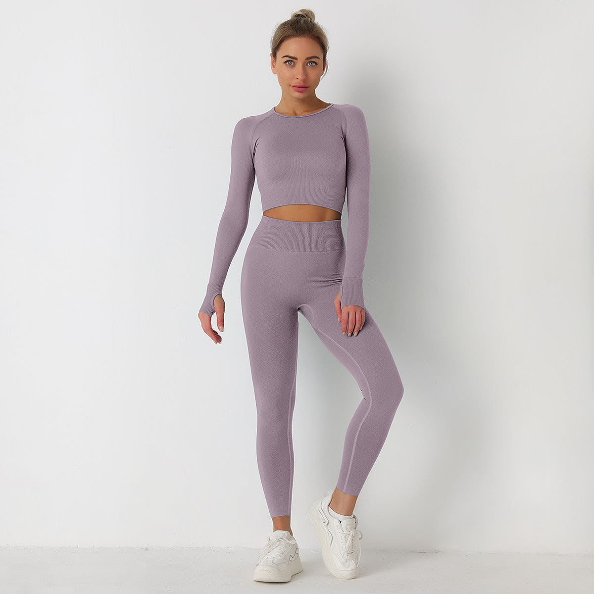 Seamless Solid Color High Waisted Long Sleeve Yoga Set for Women Comfortable and for Fitness Activities