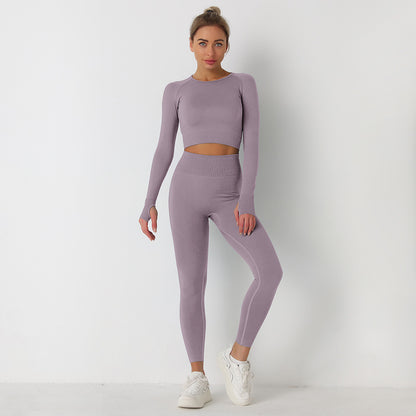 Seamless Solid Color Knit Long Sleeve Yoga Set with Full Length Pants Activewear for Fitness Gym and Outdoor Activities