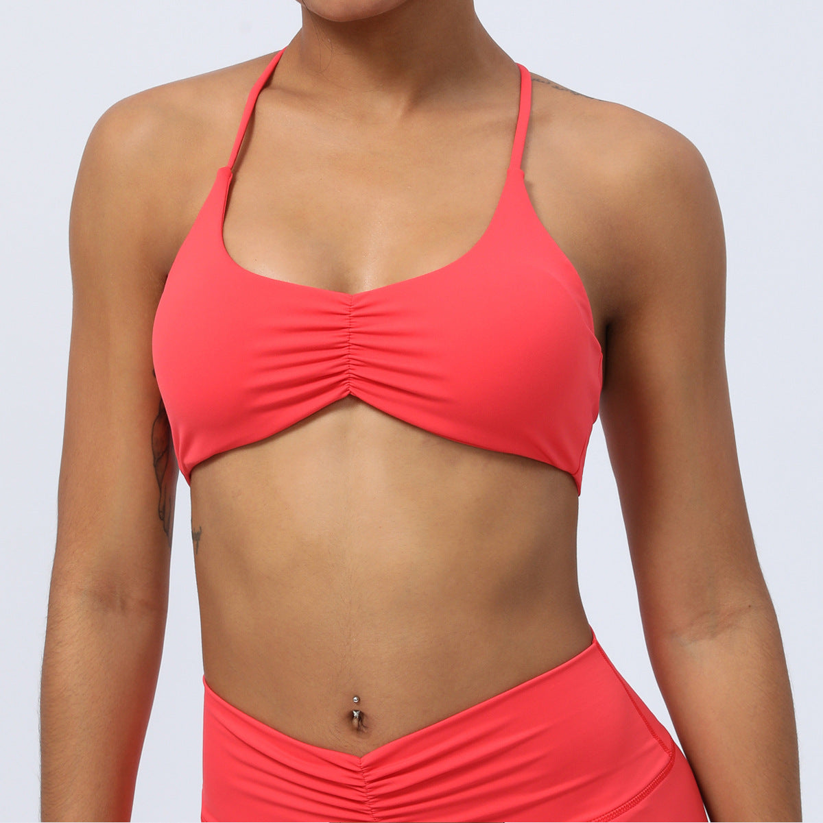 Y Back Sports Bra with Delicate Straps and Ruching for Indoor Training Yoga and Fitness Workouts