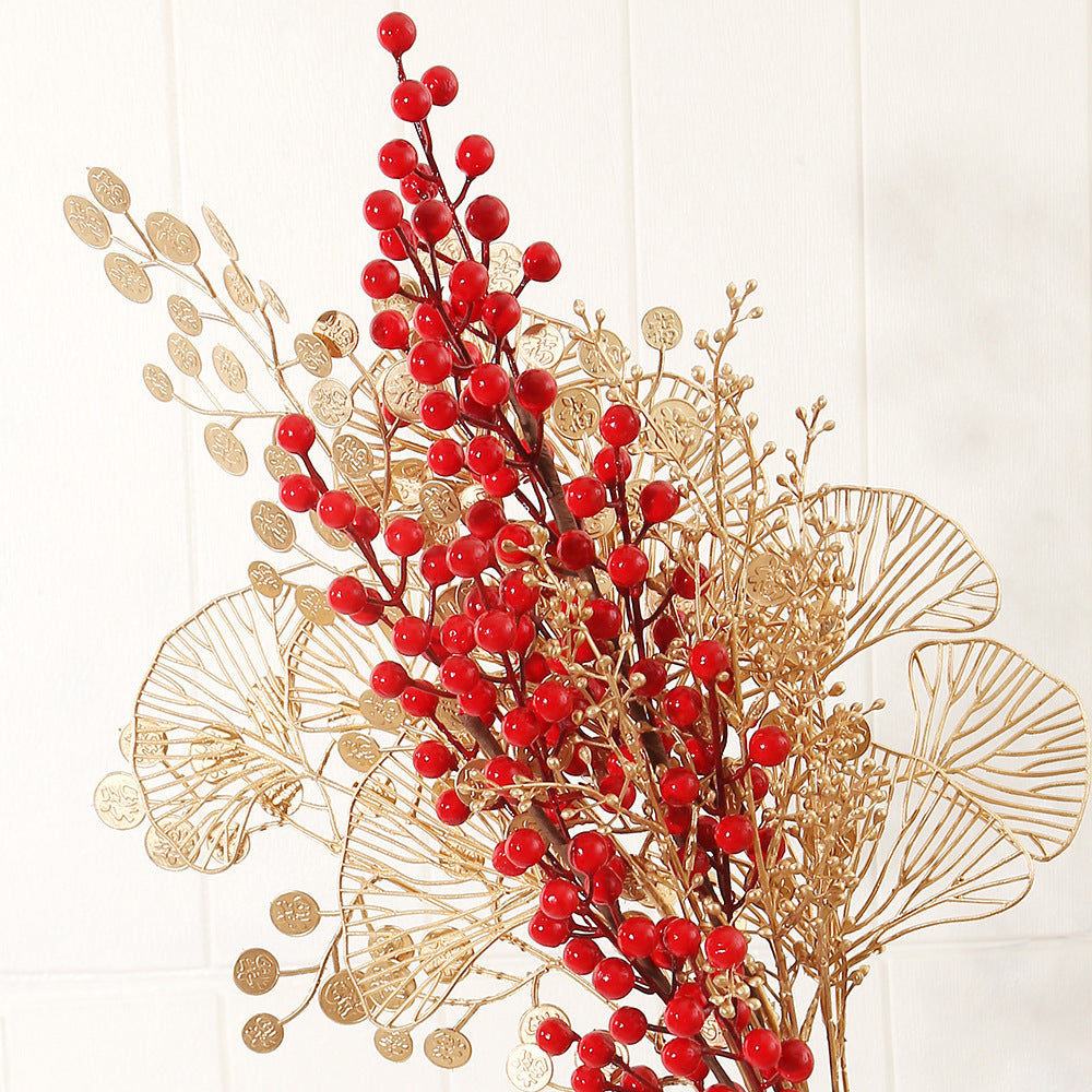 Realistic Gold Eucalyptus Leaves - Plastic Flower Materials with Winterberry Red Fruits for Festive New Year and Wedding Decorations | Ideal for Prosperity and Joy