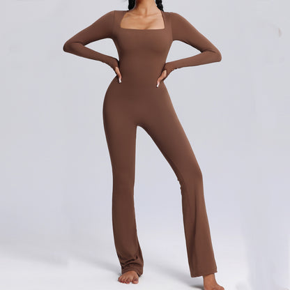 High Performance Long Sleeve Yoga Jumpsuit for Fall and Winter Breathable Stretchy Dance and Fitness Wear with Flared Legs for Women