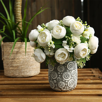 Luxurious Floral Arrangement: Realistic Artificial Flower Bouquet - Seven-Headed Elegant Tea Roses for Stylish Nordic Photography Props and Desktop Decor