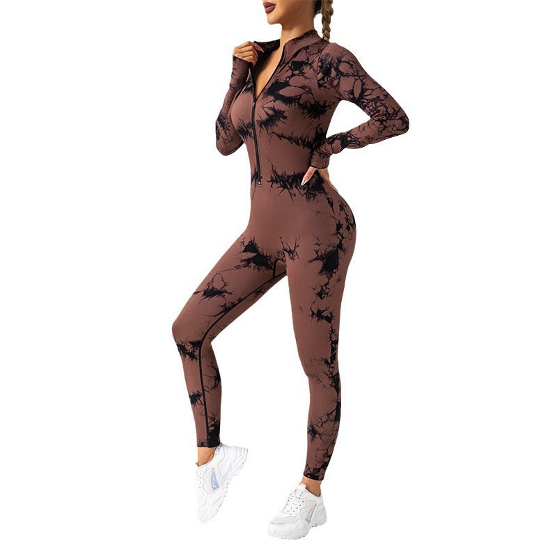 Seamless Tie Dye Long Sleeve Jumpsuit with Chest Padding and Zipper for Running Fitness and Yoga