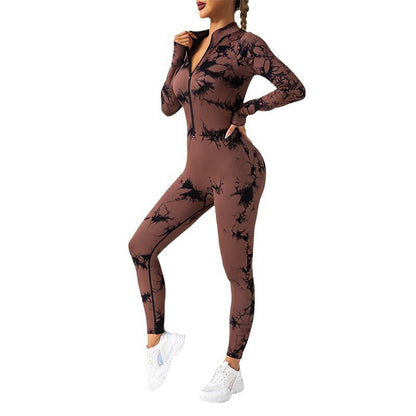 Seamless Tie Dye Long Sleeve Jumpsuit with Chest Padding and Zipper for Running Fitness and Yoga