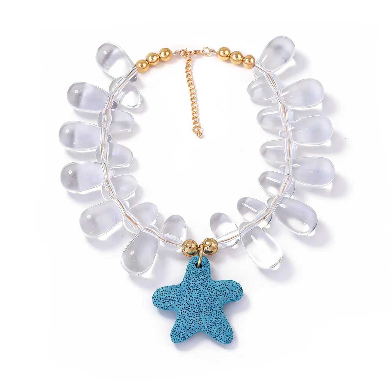 Exquisite Minimalist Natural Ocean-Inspired Vacation Necklace with Volcanic Stone, Starfish, and Tiny Fish Charms - Perfect Summer Accessory for Women