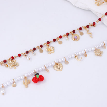 Elegant Double-Layer Beaded Necklace with Imitation Pearl and Glass Flower Pendants - Perfect for Layering and Special Occasions