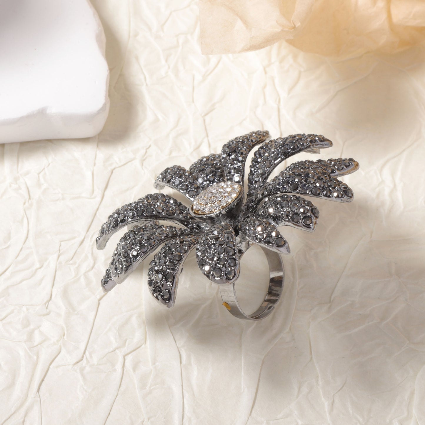 Exquisite High-End Design Oversized Floral Statement Ring with Sparkling Rhinestones for Women - Fashionable Alloy Open Floral Statement Piece