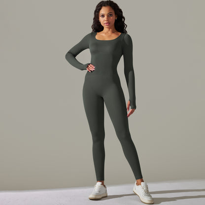 Seamless Ribbed Long Sleeve Yoga Bodysuit Breathable Quick Dry Running and Fitness Apparel for Comfort and Performance