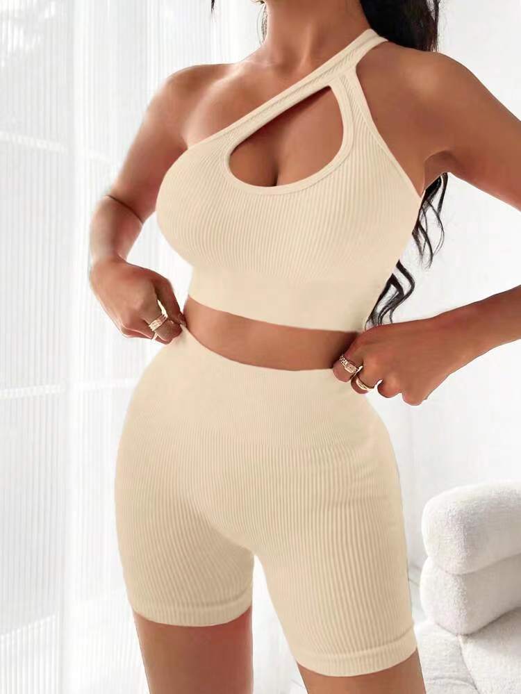 Seamless Ribbed One Shoulder Sports Bra and Peach Butt Shorts Yoga Set for Comfort and Performance