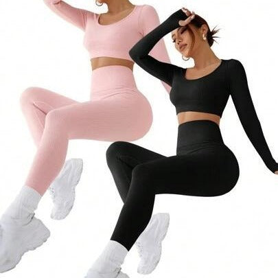 Seamless Workout Yoga Long Sleeve Set for Women High Waist Butt Lifting Ribbed Leggings Top Combo for Comfort and Style