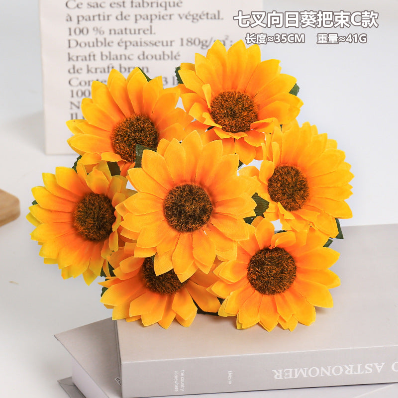 Realistic 5-Branch Sunflower Bouquet - Elegant Latin Daisy Silk Flowers for Stylish European Home Décor - Perfect for Rustic and Country Settings