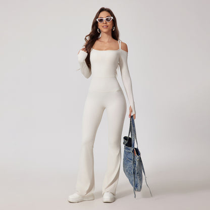 Chic Autumn Winter Jumpsuit with Backless Design Double Shoulder Straps Long Sleeves and Flared Pants for a Look